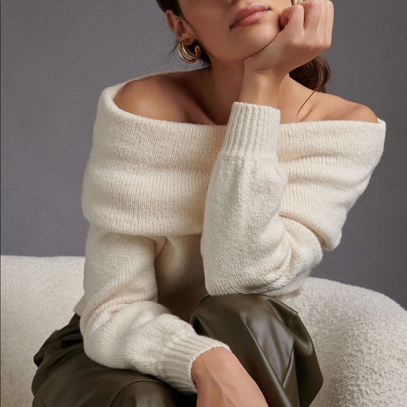 Women's Anthropologie Ivory Slouchy Cowl Neck Sweater - Picture 2 of 14